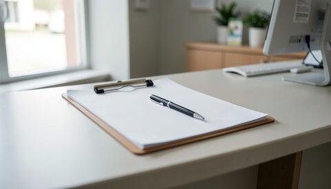 A blank clipboard and pen on a hospital reception counter in calm light.