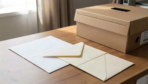 A blank letter draft beside sealed envelopes and a file box on a home desk.