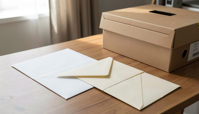 A blank letter draft beside sealed envelopes and a file box on a home desk.