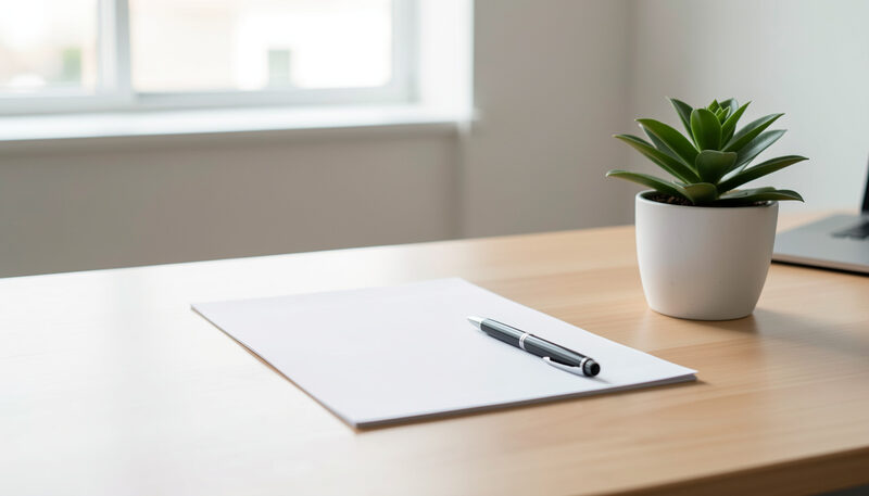 A blank estimate sheet and pen on a clinic desk beside a small potted plant.