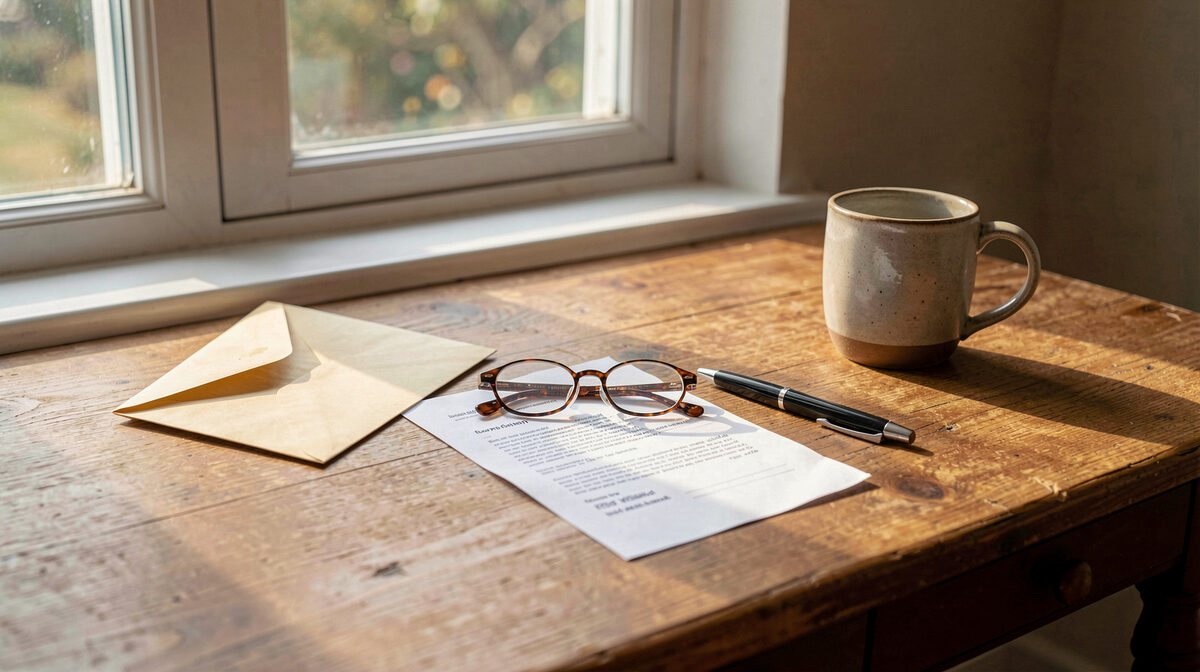 A home desk by a window in the morning: an opened envelope, a statement face down, reading glasses, a pen and a mug.