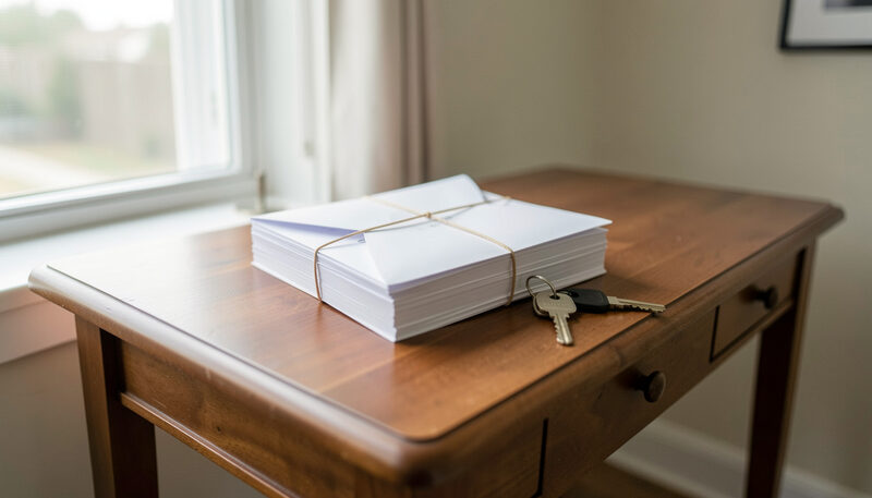 A stack of unopened white envelopes bound with a rubber band on a hallway console table, house keys beside them.