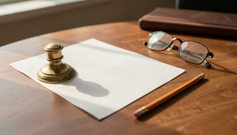 A paper statement face down under a brass paperweight on a wooden desk, with a pencil and folded reading glasses.