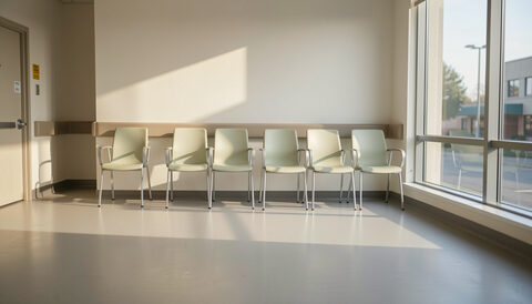 An empty hospital waiting area, a row of pale chairs along a large window in morning light.