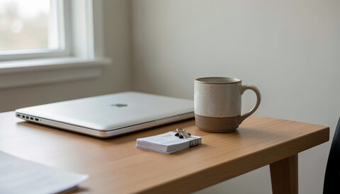 A home office corner with a closed laptop, a ceramic mug and a stack of paper receipts held by a metal clip.