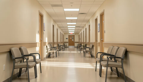 An empty hospital corridor with chairs and soft overhead lighting stretching into distance.