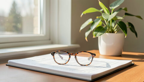 Reading glasses resting on face-down documents on a desk near a sunlit window with a plant.