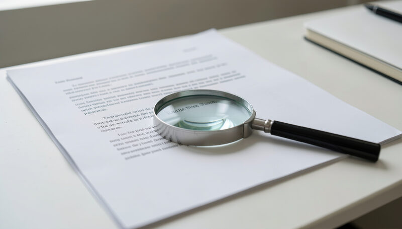 A magnifying glass resting on face-down statement pages on a white desk.