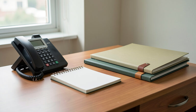 A desk telephone beside a blank notepad and closed file folders in a quiet office corner.