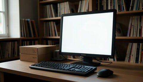 A computer keyboard and glowing blank monitor in a dim records room with shelves.