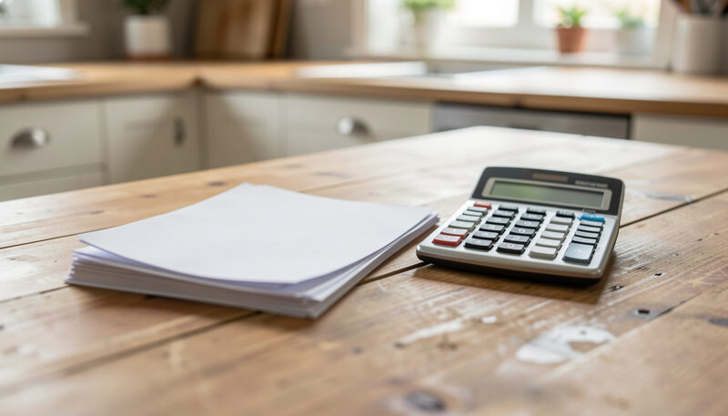 A calculator beside a stack of face-down papers on a wooden kitchen table in soft morning light.